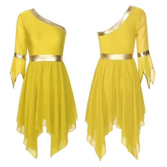Womens Praise Dance Dress One Shoulder Sequin Trim Flare Sleeve Irregular Hem Liturgical Dresses