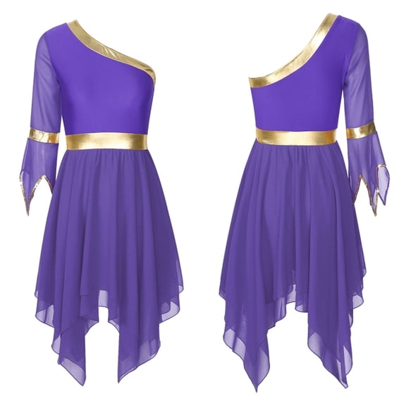 Womens Praise Dance Dress One Shoulder Sequin Trim Flare Sleeve Irregular Hem Liturgical Dresses