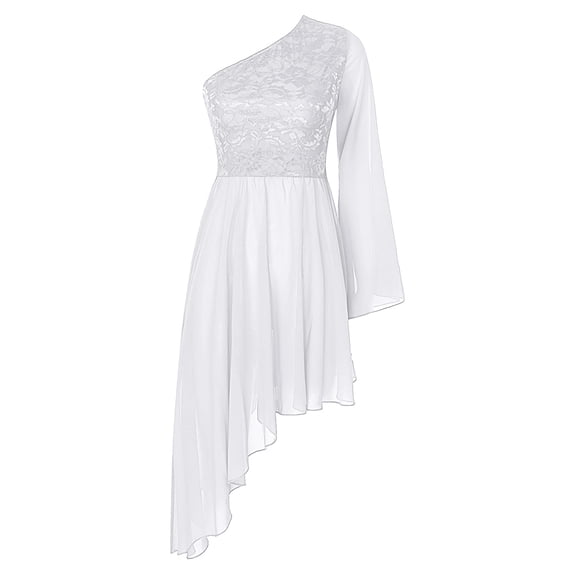 Womens Praise Dance Dresses Floral Lace Patchwork Lyrical Worship Tunic One Shoulder Flared Sleeve Liturgical