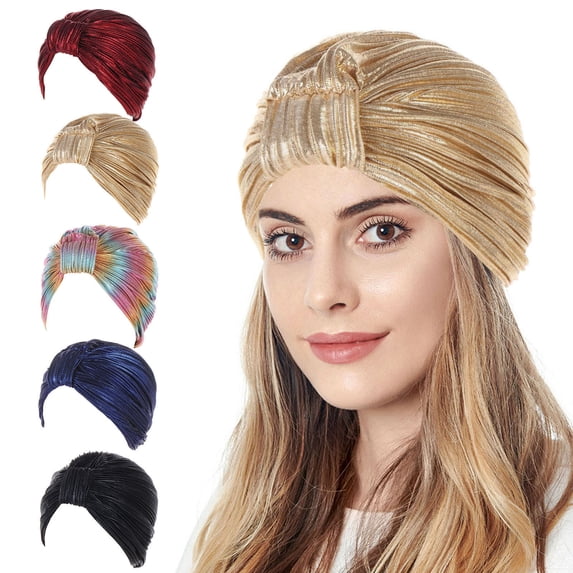 Womens Pre-Tied Pleated Turban with Knot Design Stretchable Headwrap for Casual Style