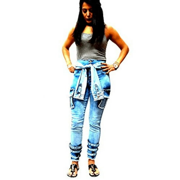 Womens Premium Cargo Paperbag Belt tie high Waisted Skinny Camoflage Jeans Pants (WA510)
