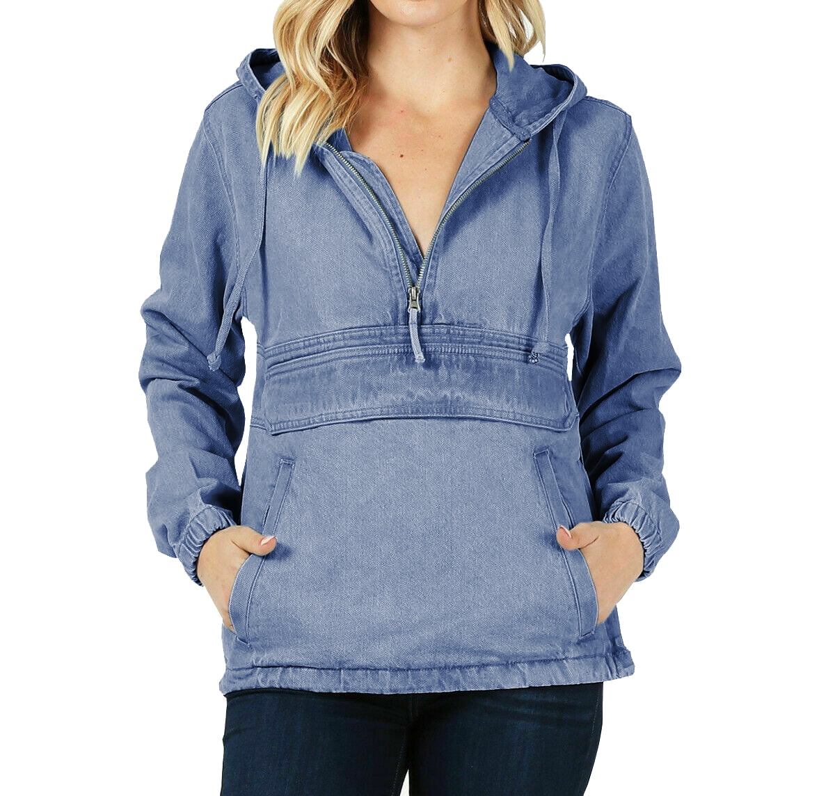 Womens Premium Cotton Casual Hoodie Half Zip Pullover Denim Jean Jacket ...