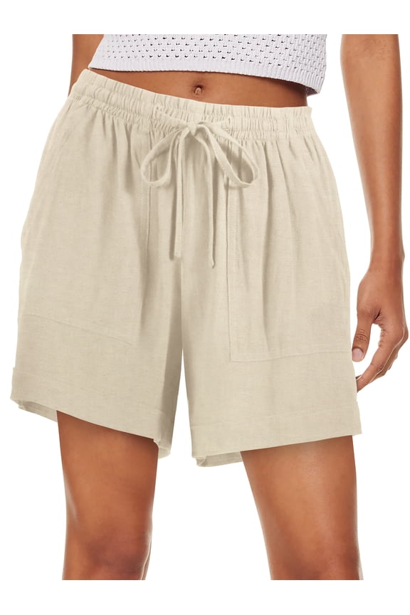 Womens Premium Soft Linen Shorts with Pockets Comfort Relaxed Fit Elastic Waist Summer Pull On