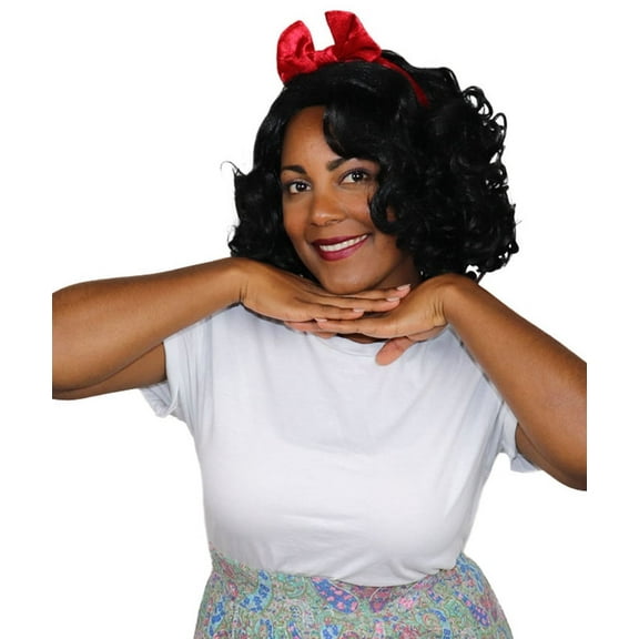 Womens Princess Wig with Red Bow | Black TV/Movie Wigs | Premium Breathable Capless Cap