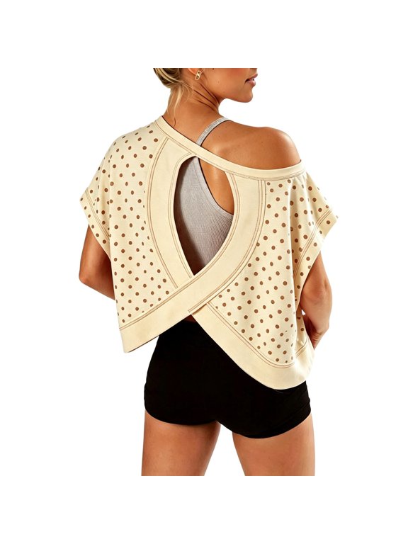 Womens Print Back Cutout Short Sleeve Cropped Top Contrast Stitching Batwing Sleeves Casual Y2K Summer Blouse Light Yellow XL
