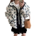 thumbnail image 1 of Womens Print Fleece Jacket Snap Button Winter Teddy Fleece Jacket Casual Faux Fur Outwear Dark Blue One size, 1 of 8