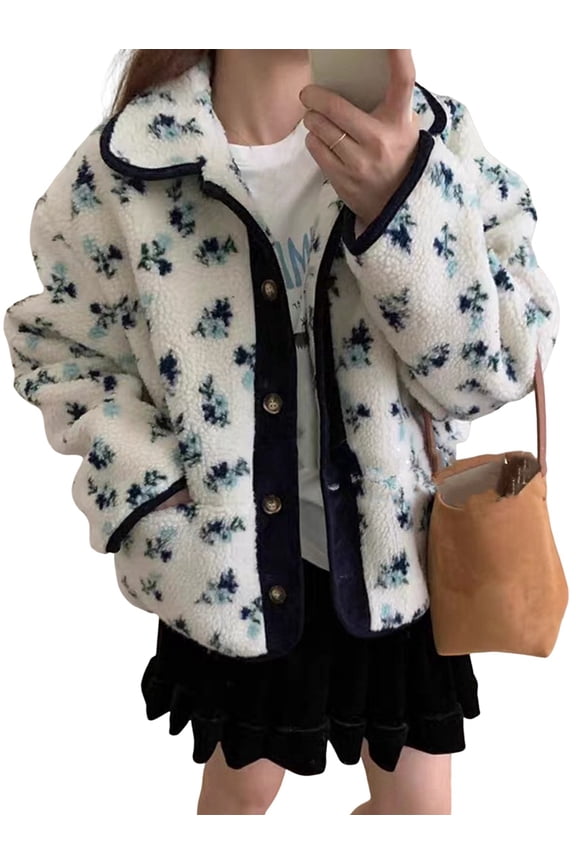 Womens Print Fleece Jacket Snap Button Winter Teddy Fleece Jacket Casual Faux Fur Outwear Dark Blue One size