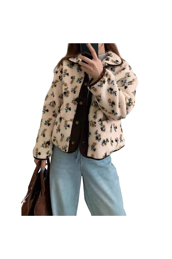 Womens Print Fleece Jacket Snap Button Winter Teddy Fleece Jacket Casual Faux Fur Outwear Orange One size