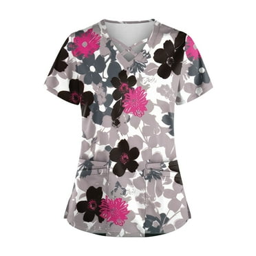 Womens Print Scrub Tops Breathable Printed V Neck Plus Size Scrub Tops Short Sleeve Professionals Soft Stretch Workwear Shirt with Pockets pink 4X-Large