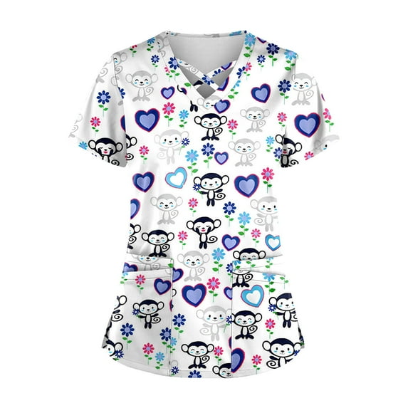 Womens Print Scrub Tops Breathable Printed V Neck Plus Size T-Shirts Short Sleeve Professionals Soft Stretch Scrub Tops with Pockets white X-Large