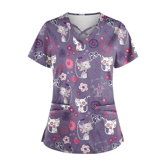 Print Scrub Tops Women Breathable Printed V Neck Plus Size Scrub Tops Short Sleeve Professionals Soft Stretch Workwear Shirt with Pockets light purple Large