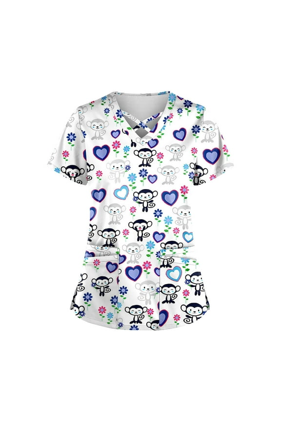 Womens Print Scrub Tops Breathable Printed V-Neck Plus Size T-Shirts Short Sleeve Professionals Soft Stretch Workwear Shirt with Pockets white 3X-Large