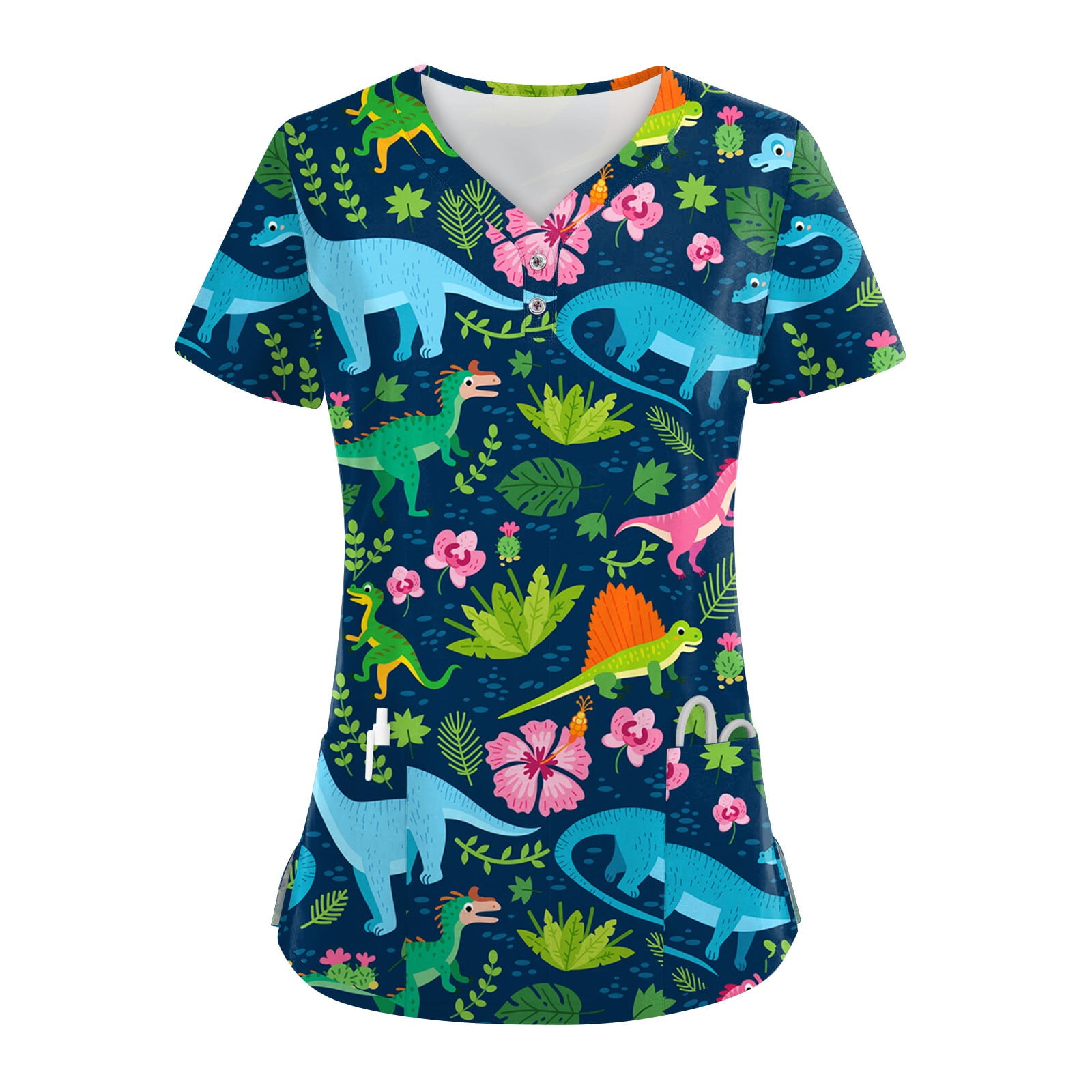 Womens Print Scrub Tops Breathable Printed V Neck Plus Size Workwear