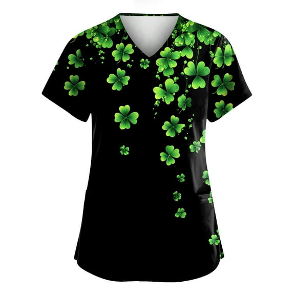 Working Uniform Shirts for Women Irish Shamrock Printed V Neck Breathable T-Shirts Short Sleeve Professionals Soft Stretch St. Patrick's Day Scrub Tops with Pockets dark green 4X-Large