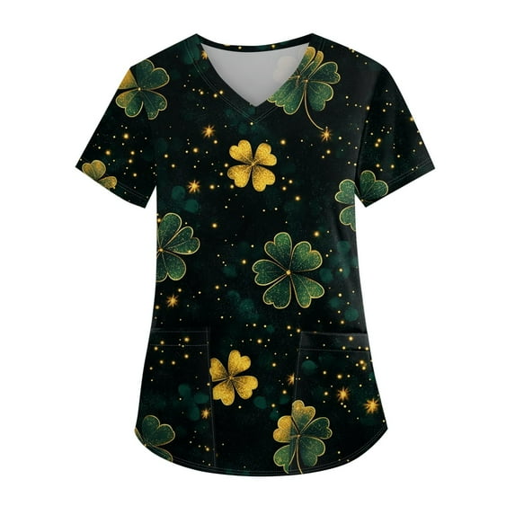 Womens Print Scrub Tops Irish Shamrock Printed V-Neck Breathable Scrub Tops Short Sleeve Professionals Soft Stretch St. Patrick's Day Workwear Shirt with Pockets black 4X-Large