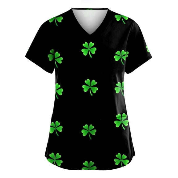 Under Scrub Tops for Women Irish Shamrock Printed V Neck Breathable Workwear Shirt Short Sleeve Professionals Soft Stretch St. Patrick's Day Scrub Tops with Pockets light green 3X-Large