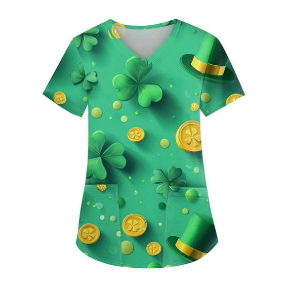 Womens Print Scrub Tops Irish Shamrock Printed V-Neck Breathable T-Shirts Short Sleeve Professionals Soft Stretch St. Patrick's Day Scrub Tops with Pockets ( green)