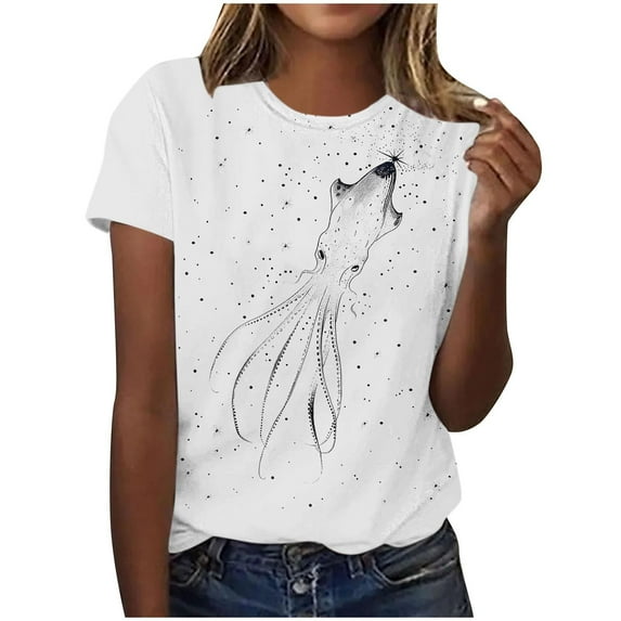 Womens Print Shirts Tee Summer Short Sleeve Shirts Crew Neck Tunic Tops Ocean Animal Pattern Tee Shirts Dressy Cute Tunic Blouses Going Out Clothing
