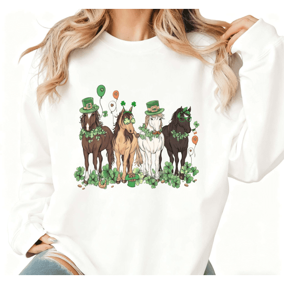 Womens Print Sweatshirt Graphic Sweatshirt Clover Decorated Horse Group Shirts Playful Style for St Patricks Day Events White S-3XL Tops