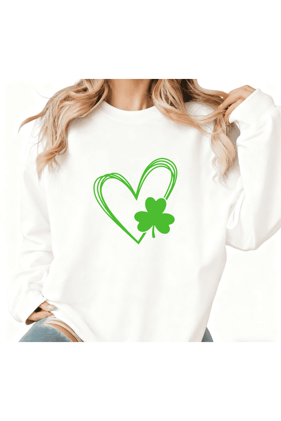 Womens Print Sweatshirt Graphic Sweatshirt Green Double Heart Frame Clover Shirts Fresh Design for Daily Festive Outings White S-3XL Tops