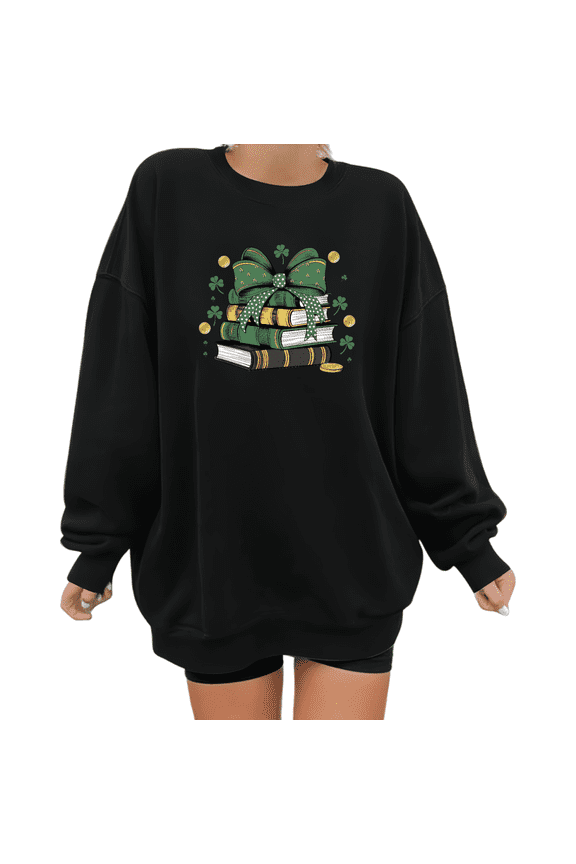 Womens Print Sweatshirt Graphic Sweatshirt St Patricks Day Bow Book Stack Clover Pattern Black Shirts Casual Loose Pullover Tops S-3XL