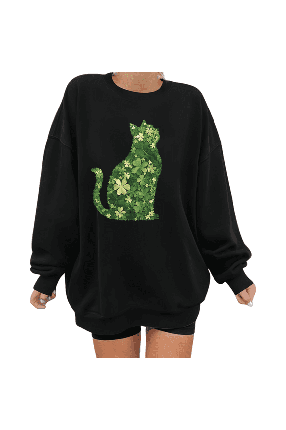 Womens Print Sweatshirt Graphic Sweatshirt St Patricks Day Clover Collage Cat Pattern Black Shirts Casual Loose Pullover Tops S-3XL