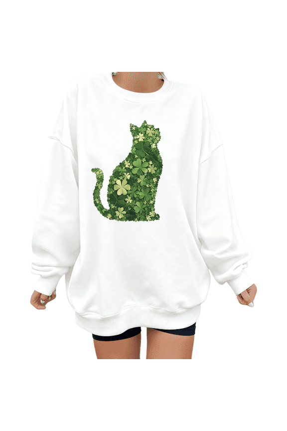 Womens Print Sweatshirt Graphic Sweatshirt St Patricks Day Clover Collage Cat Pattern White Shirts Casual Loose Pullover Tops S-3XL