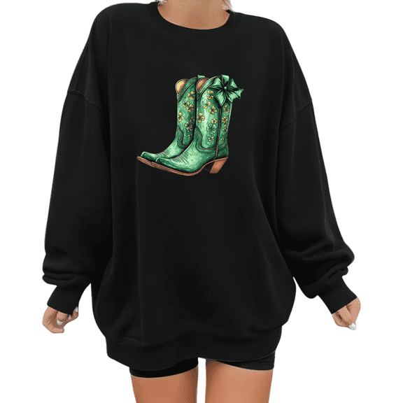 Womens Print Sweatshirt Graphic Sweatshirt St Patricks Day Green Floral Cowboy Boot Pattern Black Shirts Casual Loose Pullover Tops S-3XL