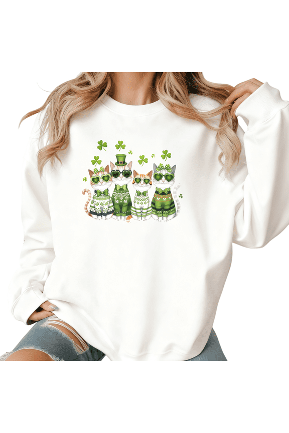 Womens Print Sweatshirt Graphic Sweatshirt St Patricks Day Heart Glasses Cat Group Clover Pattern White Shirts Casual Loose Pullover Tops S-3XL