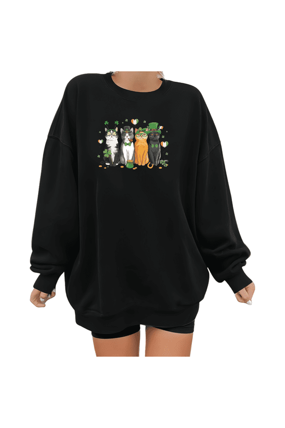 Womens Print Sweatshirt Graphic Sweatshirt St Patricks Day Irish Theme Cat Group Clover Pattern Black Shirts Casual Loose Pullover Tops S-3XL