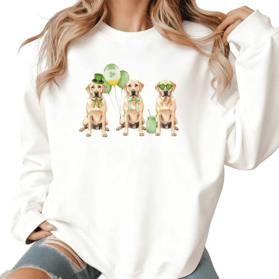 Womens Print Sweatshirt Graphic Sweatshirt St Patricks Day Labrador Dog Trio Clover Pattern White Shirts Casual Loose Pullover Tops S-3XL