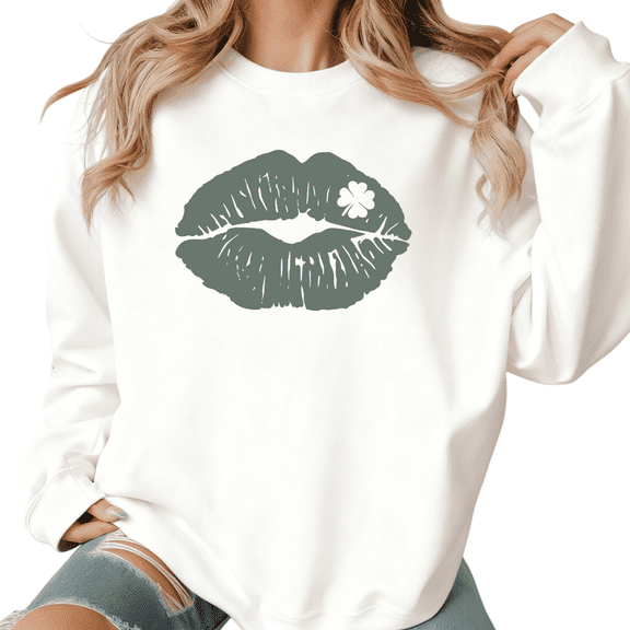 Womens Print Sweatshirt Graphic Sweatshirt St Patricks Day Matte Lip Clover Pattern White Shirts Casual Loose Pullover Tops S-3XL