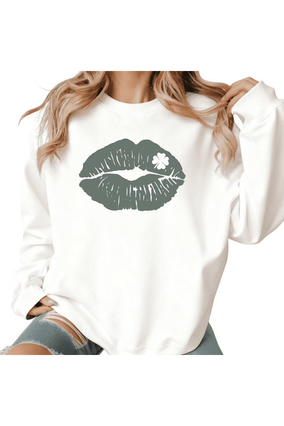 Womens Print Sweatshirt Graphic Sweatshirt St Patricks Day Matte Lip Clover Pattern White Shirts Casual Loose Pullover Tops S-3XL