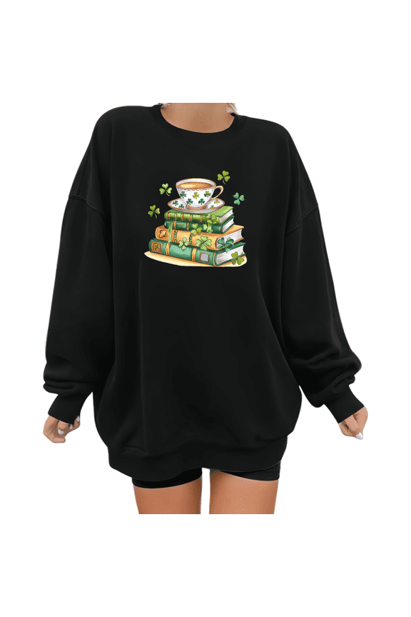 Womens Print Sweatshirt Graphic Sweatshirt St Patricks Day Tea Cup Book Stack Clover Pattern Black Shirts Casual Loose Pullover Tops S-3XL