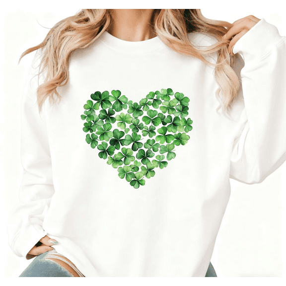 Womens Print Sweatshirt Graphic Sweatshirt Watercolor Green Clover Heart Shirts Soft Pattern for Daily Festive Events White S-3XL Tops