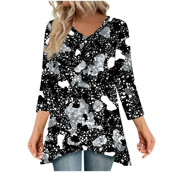 Womens Print Tops Fall Long Sleeve V Neck 3/4 Length Sleeve Shirts Loose Casual Basic Tees Shirt Tunic Blouses (L, Black)