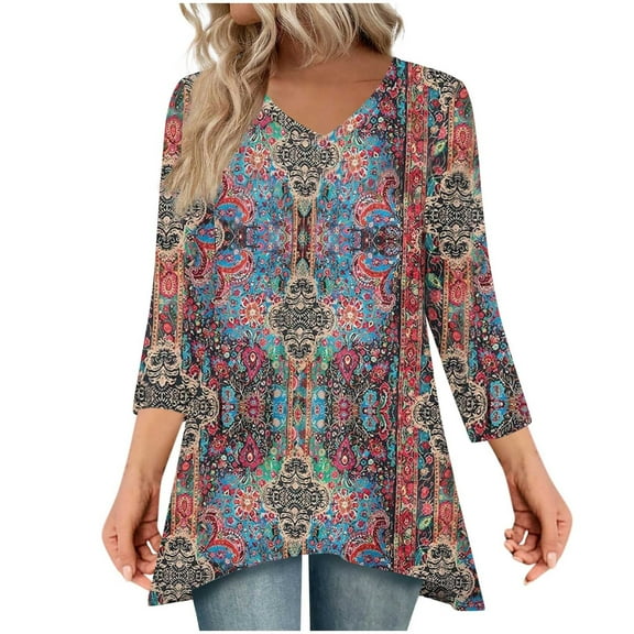 Womens Print Tops Fall Long Sleeve V Neck 3/4 Length Sleeve Shirts Loose Casual Basic Tees Shirt Tunic Blouses (XXL, Brown)