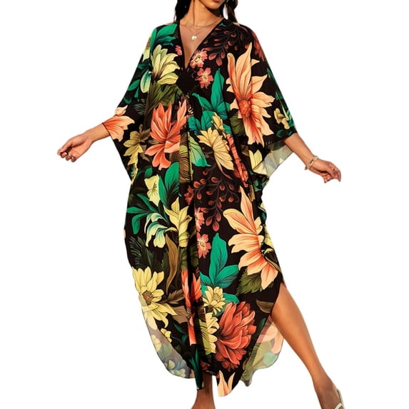 Womens Printed Beach Cover Up Kaftan Dress Loose Fit V Neck Long Robe Swimsuit Coverup Sun Protection One Size