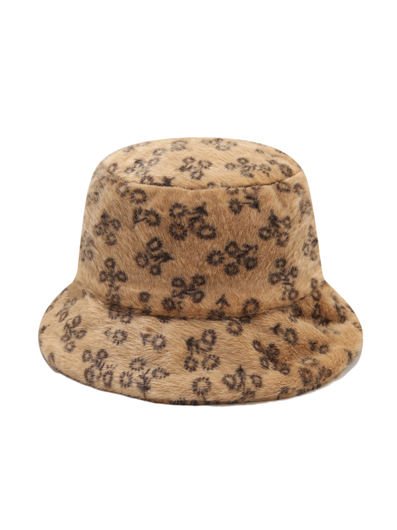 Womens Printed Bucket Hat Warm Fisherman Hat Soft Plush Winter Hat with Floral Pattern Wide Brim Casual Cap