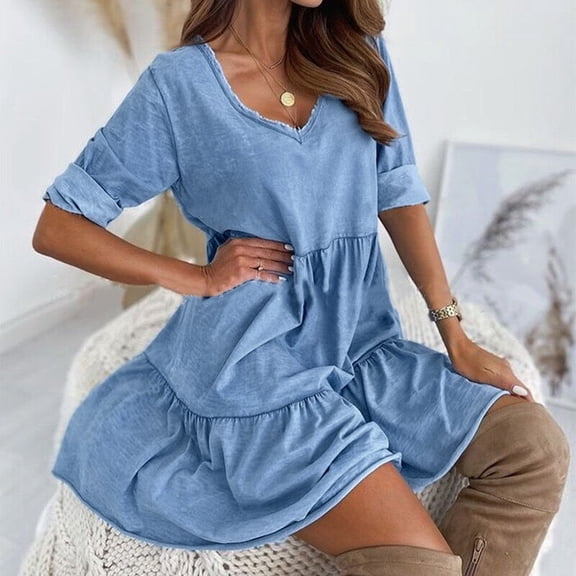 Womens Printed Casual Dresses Mid Length Sleeve V Neck Holiday Dresses For Women Maternity Midi Dress Woman Maxi Dresses Casual Causal Dresses for Women Women Dresses with Pockets Summer Casual Long