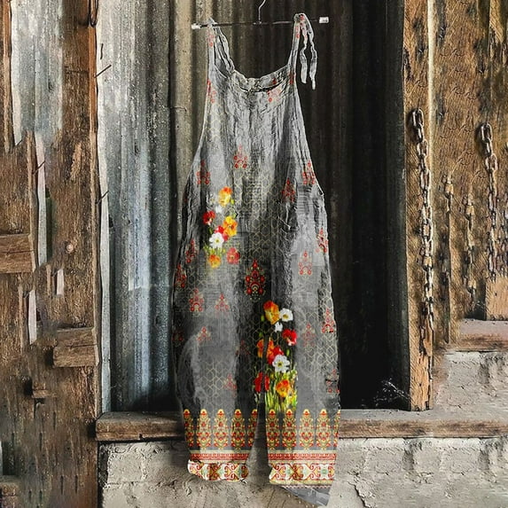 Womens Printed Jumpsuits Overalls Wide Leg Casual Summer Outfits Linen Rompers Jumpers Sleeveless Straps 2025 Clothes Dark Gray L
