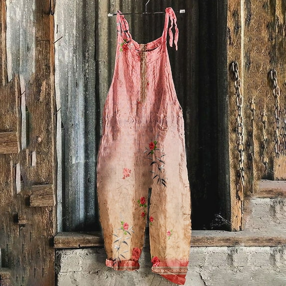 Womens Printed Jumpsuits Overalls Wide Leg Casual Summer Outfits Linen Rompers Jumpers Sleeveless Straps 2025 Clothes Pink XL