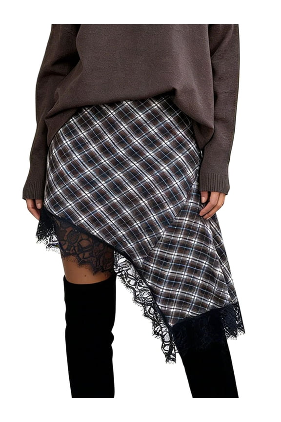 Womens Printed Plaid Lace Spliced High Waist Skirt Irregular Hem Midi Skirt Elegant Casual Wear Grid L