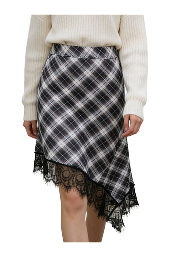 Womens Printed Plaid Lace Spliced High Waist Skirt Irregular Hem Midi Skirt Elegant Casual Wear Grid S
