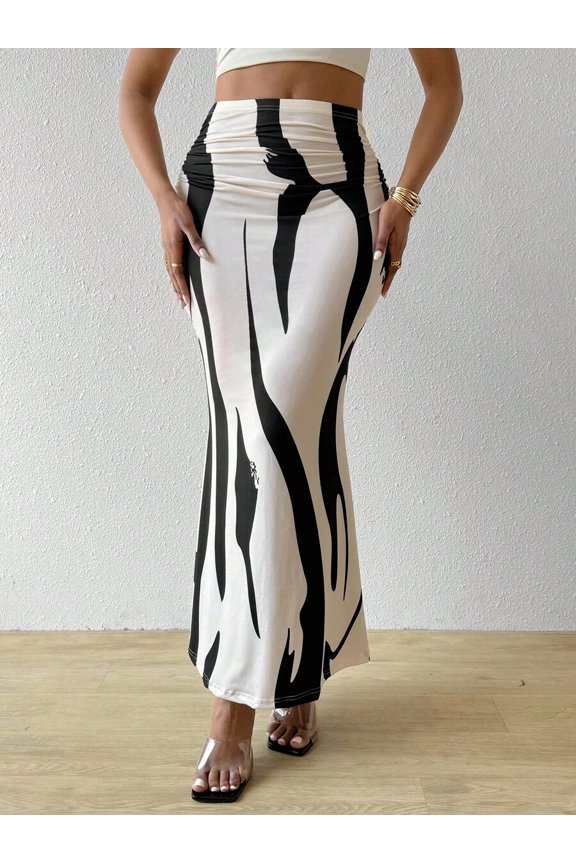 Womens Printed Pleated Maxi Skirt Apricot Abstract Pattern