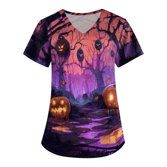 Womens Printed Scrub Tops Halloween V Neck Medical Nursing Uniform Tunic Loose Fit Casual Workwear Dark Purple 4XL