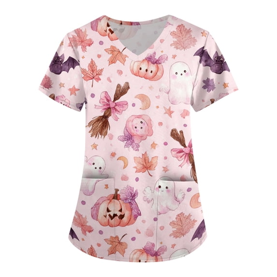 Womens Printed Scrub Tops Halloween V Neck Medical Nursing Uniform Tunic Loose Fit Casual Workwear Multicolor XL