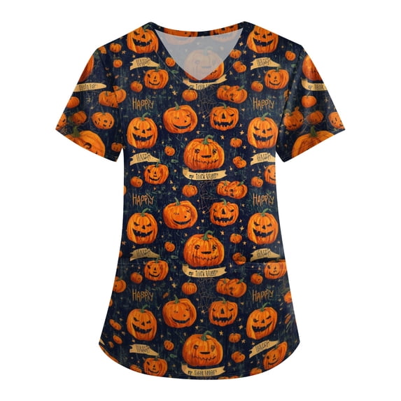 Womens Printed Scrub Tops Halloween V Neck Medical Nursing Uniform Tunic Loose Fit Casual Workwear Yellow 5XL