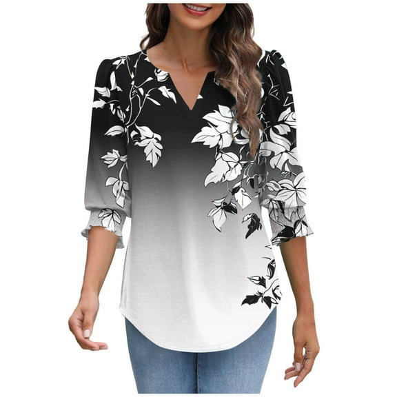 Womens Printed Shirts Casual Loose 3/4 Length Sleeve T-Shirts Classic Fashion Smocked Cuffs Blouses Top Dressy V-Neck Women's Shirts Summer Clothings