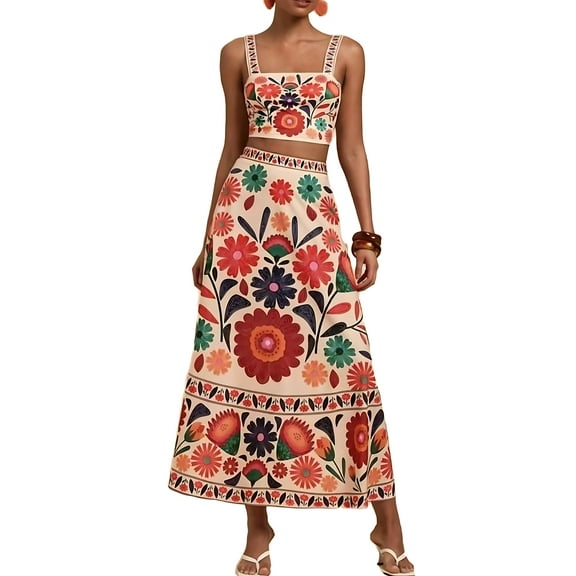Womens Printed Skirt Outfits Floral Halter Crop Top A Line Maxi Skirt Casual Going Out Sets Floral XL